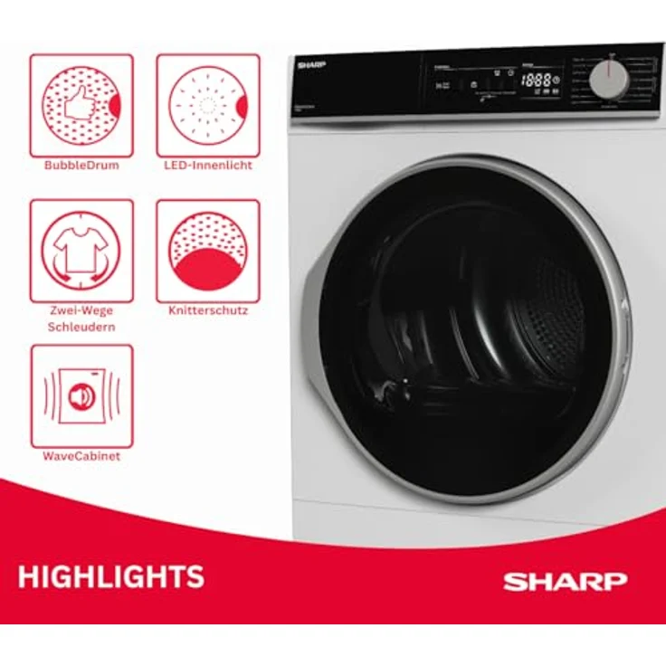 SHARP KD-NHA0S6GW1C-DE Wäschetrockner, 10 kg, Energieeffizienzklasse C, 15 Trockenprogramme inkl. 20-Minuten-Schnelltrockenprogramm, Weiß – Bild 3