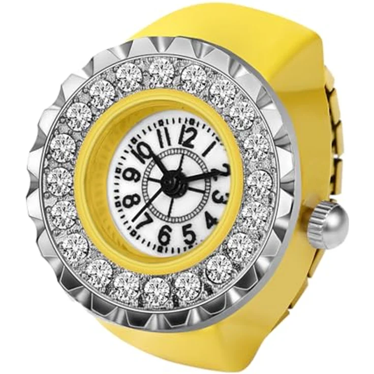 JewelryWe Ringuhr Fingeruhr Damen, Elastisch, Gelbgold Legierung, Glitzer Strass, Analog Quarz, 10m wasserdicht – Bild 1