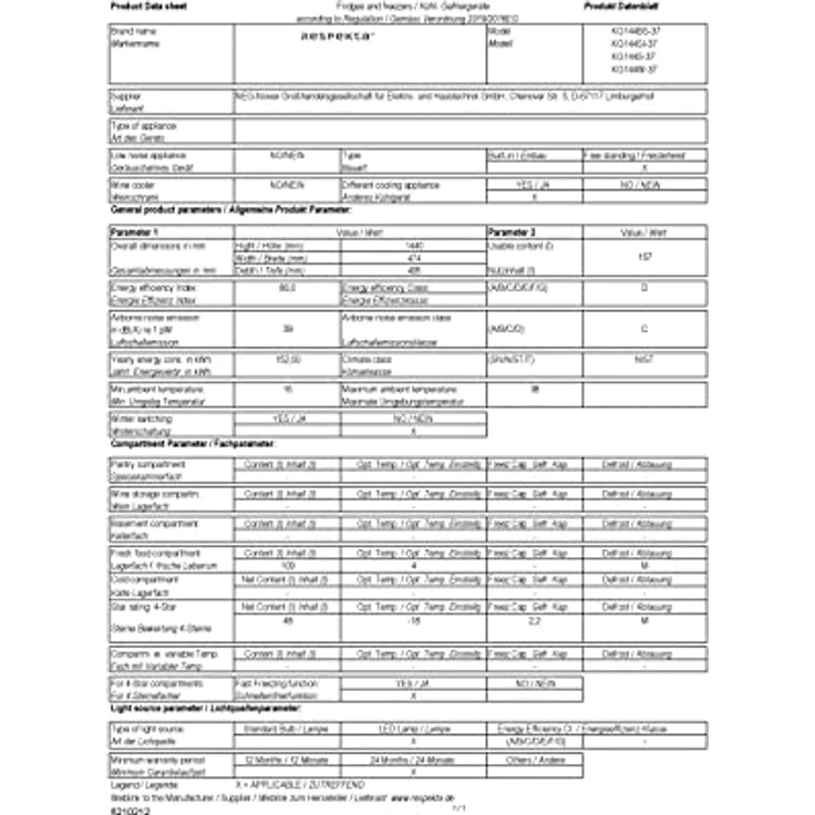 respekta Stand Kühl-Gefrier-Kombination / 109 L Kühlanteil / 48 L Gefrieranteil/mit regelbarem Thermostat und Eiswürfelbereiter / KG144S-37 / (H) 144 x (B) 47,4 x (T) 49,5 cm / 39 dB/Schwarz – Bild 3