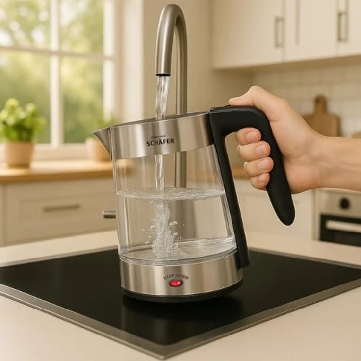 Elektronik SCHÄFER Teekocher Glas-Teekocher 1,8/0,8 Liter Schwarz/Silber - Wasserkocher mit Warmhaltefunktion bis 85°C und verdecktem Heizelement – Bild 3