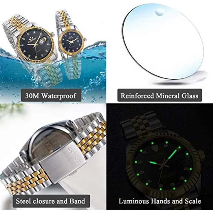 JewelryWe 1 Paar analoge Quarzuhren mit Kalender, 30 m wasserdicht, Edelstahlarmband, Strass-Zifferblatt, Schwarz, für Damen und Herren – Bild 4