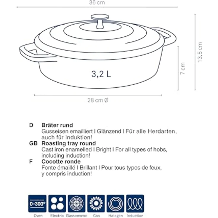 kela Bräter Calido, Ø 28 cm, 3,2 L, Gusseisen, schwarz, rund, Allherdboden, emailliert, hitzebeständig bis 300° C, 12468 – Bild 3