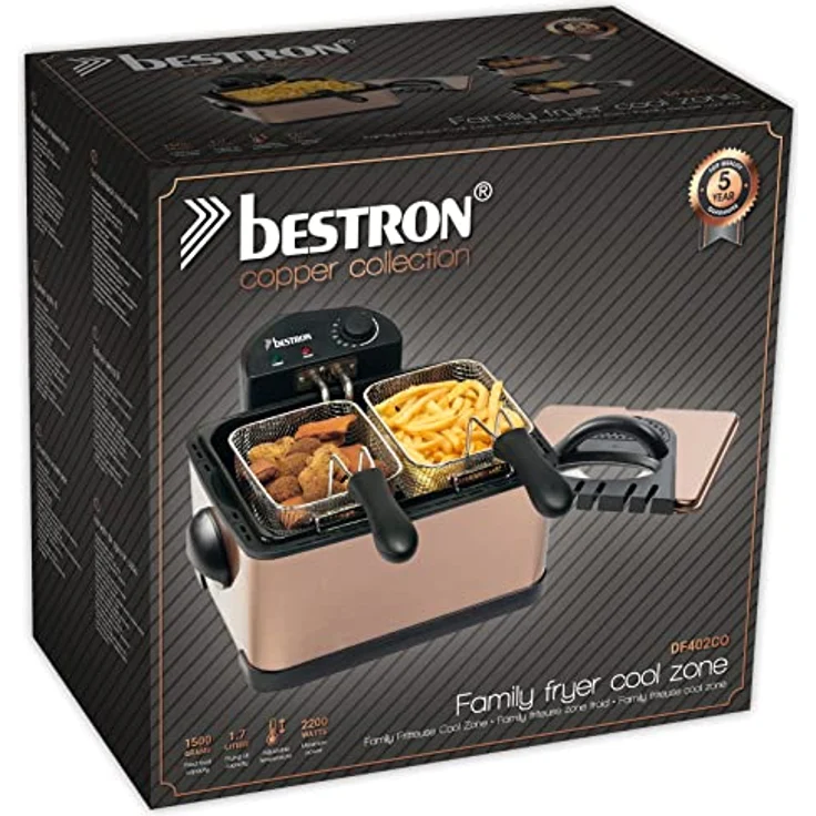 Bestron DF402CO Fritteuse, 2000 Watt, ohne Öl, Standgerät, 4,5L, inkl. Kaltzonentechnologie & herausnehmbaren Ölbehälter, kupfer – Bild 6