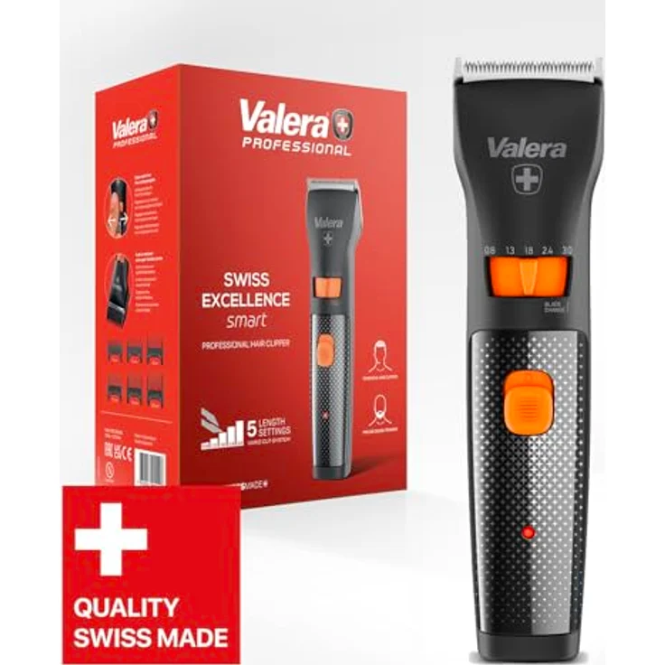 Valera, Swiss Excellence Smart, Haarschneider mit 46 mm Durablade-Klingen, 5 Schnittlängen, 6 Abstandskämme, kabelloser Betrieb oder mit Netzteil, inklusive Batterie, 100-240 V, Schwarz – Bild 3