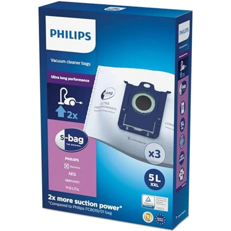 Philips FC8027/01 Einweg-Staubbeutel S-Bag Ultra Long Performance, 5 l Volumen, reißfestes Filterpapier, 3er Pack – Bild 1