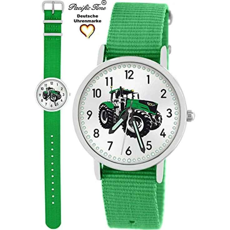 Pacific Time Kinder Armbanduhr Traktor, grün, mit leuchtenden Zeigern, Textilarmband, analog, Quick-Change-System, 3,2 cm Gehäusedurchmesser – Bild 2