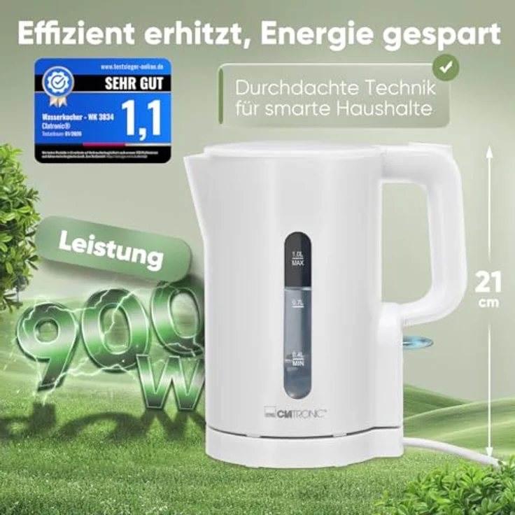 Clatronic WK 3834 Wasserkocher 1L | 900W | BPA frei | Einhandbedienung | Wasserstandsanzeige | Überhitzungsschutz | weiß – Bild 2