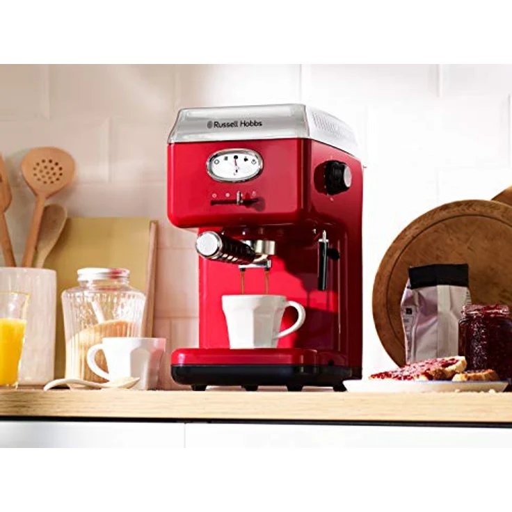 Russell Hobbs Espressomaschine Retro Rot Siebträger (15 Bar, 2 Tassen-Einsätze, 1,1l abnehmbarer Wassertank, Dampf-Milchschaumdüse, Portionierlöffel mit Tamper) Kaffeemaschine, 28250-56 – Bild 3