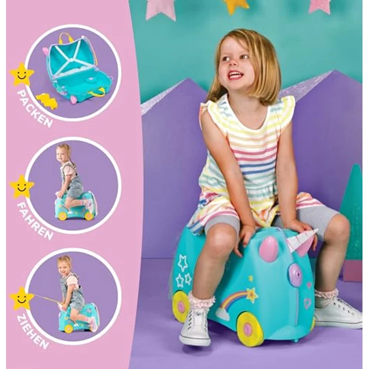 TRUNKI Handgepäck Und Kinderkoffer zum Draufsitzen | Kinder Risen Geschenk für Mädchen Und Jungen | Trolley Una Unicorn (Blaugrün) – Bild 3