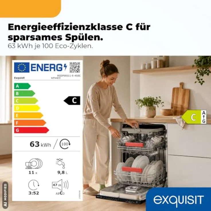 Exquisit GSP59311-E-450C, Vollintegrierbarer Geschirrspüler für 11 Maßgedecke, Energieklasse C, 8 Programme, Aquastop, Besteckschublade, Innenbeleuchtung, Schwarz – Bild 2