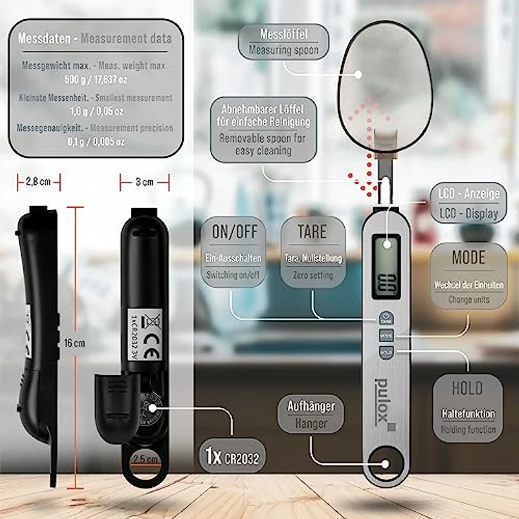 Pulox Löffelwaage PLW-200 mit drei Löffeln 25 ml, 45 ml und 180 ml von 0,1 g genau bis 500 g Tragkraft Digitale Küchenwaage, Feinwaage – Bild 2