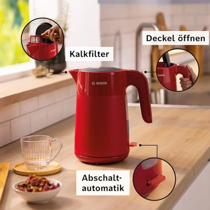 Bosch kabelloser Wasserkocher My Moment TWK2M164, Abschaltautomatik, Überhitzungsschutz, Tassenanzeige, entnehmbarer Kalkfilter, Trockengehschutz, Dampfstopp-Automatik, 1,7 L, 2400 W, Rot matt – Bild 3