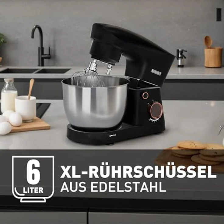 Heinrich's HKM 8077, Küchenmaschine mit 1500W Motor, 10 Geschwindigkeiten, 6L Edelstahlschüssel, geräuscharm, schwarz – Bild 4