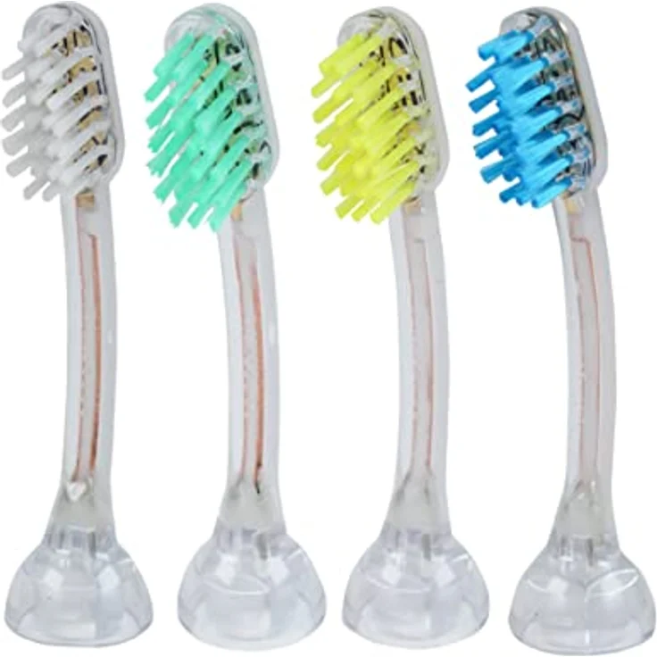 emmi-dent 4x Zahnbürstenaufsatz E4 (1x Blau+1x Türkis+1x Gelb+1x Weiß) I Standardform (ausgewogener Härtegrad, gerade Borsten) für emmi-dent Ultraschallzahnbürsten der Metallic- & Professional-Serie – Bild 1