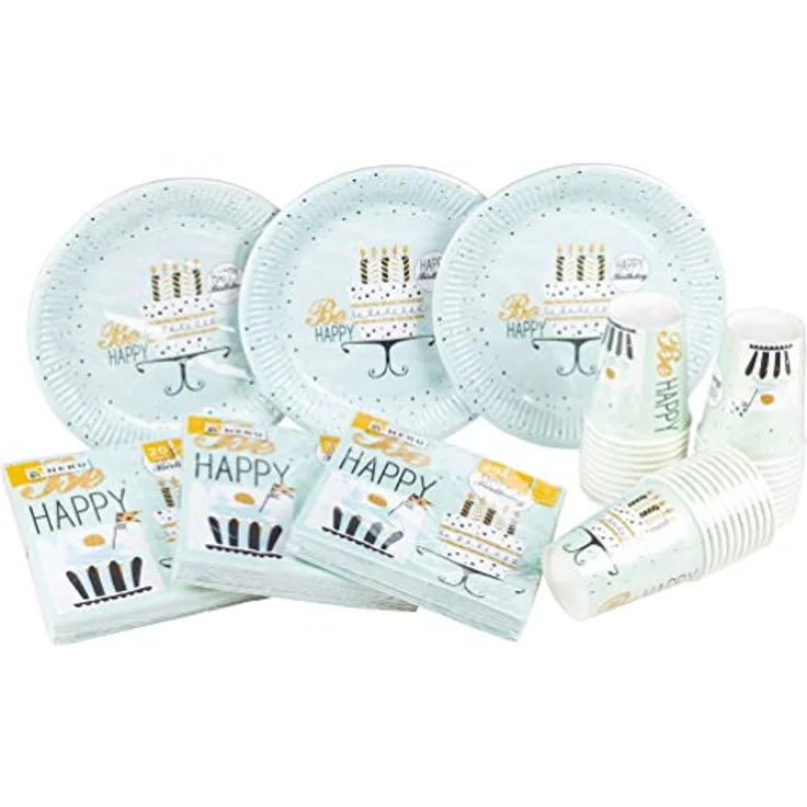 HEKU 30005-220: Party-Einweg-Set mit Tellern, Bechern und Servietten, 120-teilig, Birthday Mint