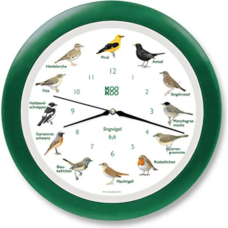 KOOKOO Singvögel Grün, Die Singende Vogeluhr, mit 12 heimischen Singvögeln und echten, natürlichen Vogelstimmen, mit RC Funkquarzwerk, 34cm