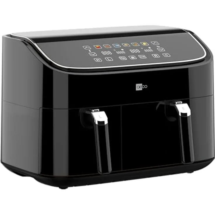 aeco DUO Doppelkammer AirFryer 9 Liter (3l & 6l, Sync-Funktion, Heißluftfritteuse mit digitalem Touch-Display & Dehydrierungsfunktion, 2850 Watt, 80°-200° einstellbar, 6 Programme, inkl. Rezeptheft)