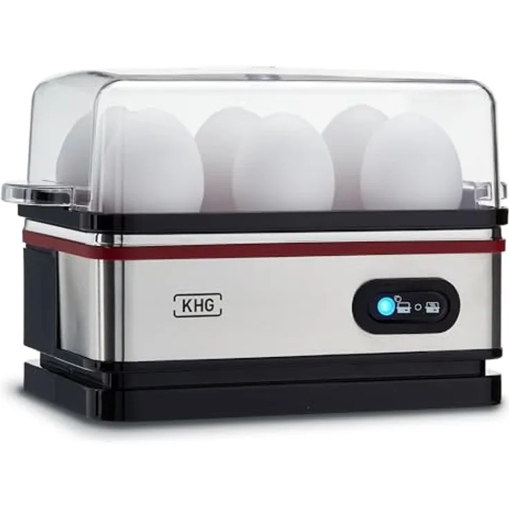 KHG Eierkocher EK-600SE, Edelstahl 6 Eier mit Warmhaltefunktion, Retro-Design, 400 Watt, Alarmfunktion und Messbecher