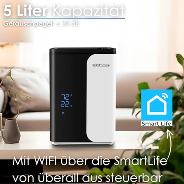 Echos Ultraschall Luftbefeuchter 5 Liter mit WIFI Smart Life App, HEPA Filter, LED-Touch-Display, Warm oder Kaltfunktion – Bild 3