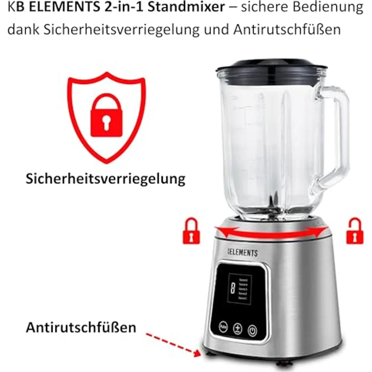 KB Elements Standmixer ELK303G, 600 W Vollkupfer-Motor, 1,5 L Glas-Mixer, Full-Touch-Display mit 5 Geschwindigkeiten, Edelstahlgehäuse – Bild 6