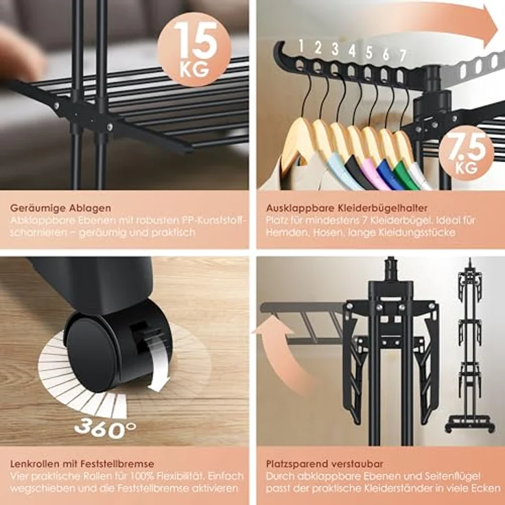 KESSER® Wäscheständer-Turm, platzsparender Wäschetrockner mit 4 Etagen, 2 drehbaren Seitenflügeln, 6 klappbaren Ebenen und 360° Rollen, für Innen & Außen, inkl. Klammern – Bild 3