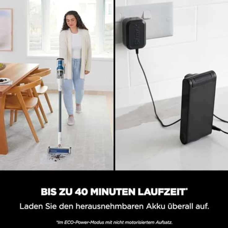 Shark kabelloser Akku-Staubsauger m. FloorDetect-, Anti-Hair-Wrap- & PowerFins, 40 Min Laufzeit, LED-Display, Staubsauger kabellos & Handstaubsauger-Modus m. Fugendüse, Weiß/Marineblau BU1120EU – Bild 3