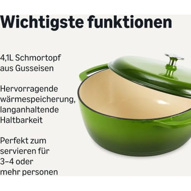 Amazon Basics Rundschmortopf, 4,1 L, emailliertes Gusseisen in Grün, geeignet für alle Herdarten, ofenfest bis 260°C, inklusive Deckel – Bild 2
