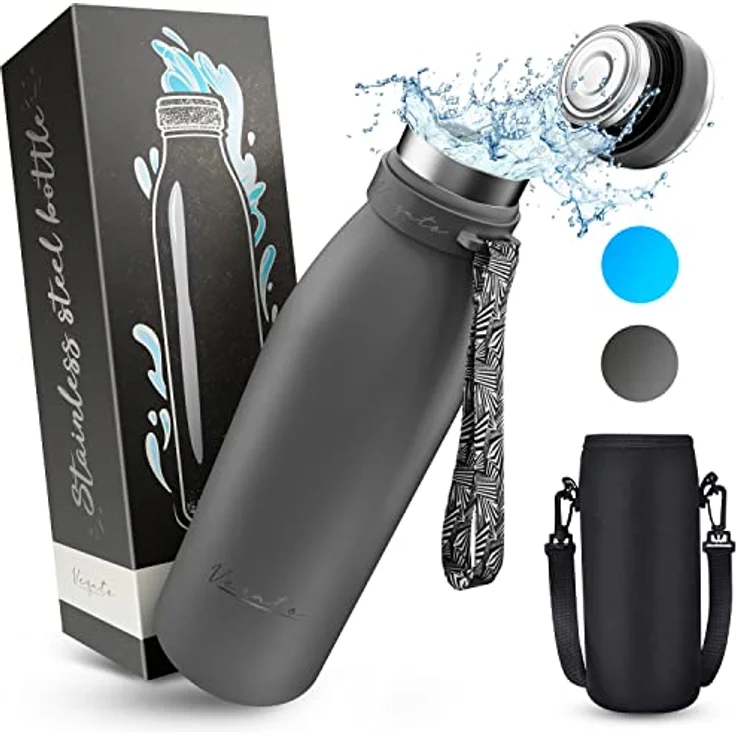 Vezato Trinkflasche Edelstahl - BPA-freie Isolierflasche 1 Liter - Auslaufsichere Wasserflasche mit doppelter Isolierung - Thermosflasche spülmaschinenfest - Für Kohlensäure geeignet - Nachhaltig – Bild 1