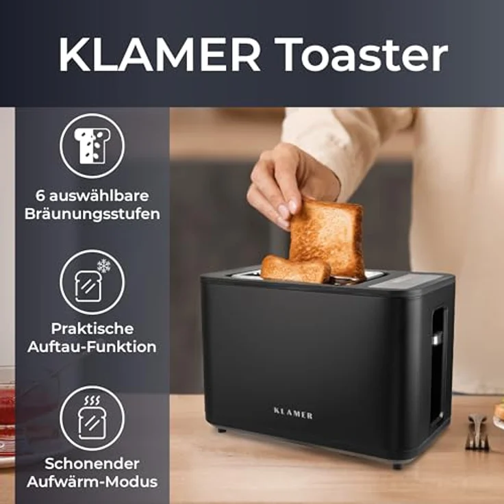 KLAMER Toaster, Toaster mit Brötchenaufsatz, hochwertiger 2 Scheiben-Toaster, 6 Bräunungsgrade, Touch Display, mit Krümelschublade, Matt Schwarz – Bild 2