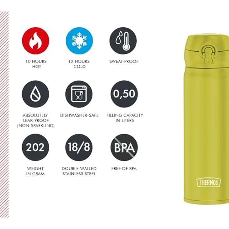 THERMOS ULTRALIGHT BOTTLE 0,50l, Edelstahlflasche in glowing green mat, bis 10h heiß / 24h kalt, absolut dicht, für Wasser und Tee – Bild 5