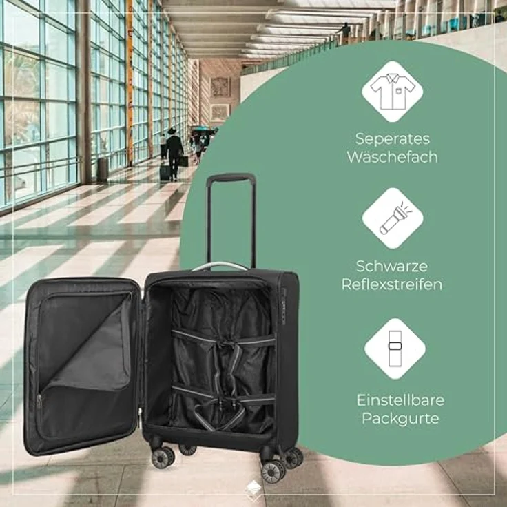 Travelite Jetpack Handgepäck Koffer, 4 Rollen, 55x40x20 cm, 37 l, integriertes Zahlenschloss, schwarz, superleichtes Weichgepäck mit Aufsteckfunktion, ideal für Condor + Ryanair – Bild 4