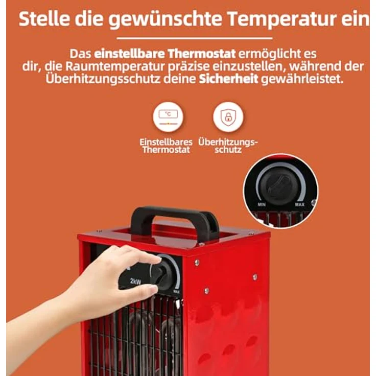 SHX Industrie-Heizlüfter 2000W SHX308HEAT2022 – 2000 Watt, rostfreies Stahl-Heizelement, 3 Betriebsmodi, spritzwassergeschützt, einstellbares Thermostat, Überhitzungsschutz, Tragegriff, rot/schwarz – Bild 4