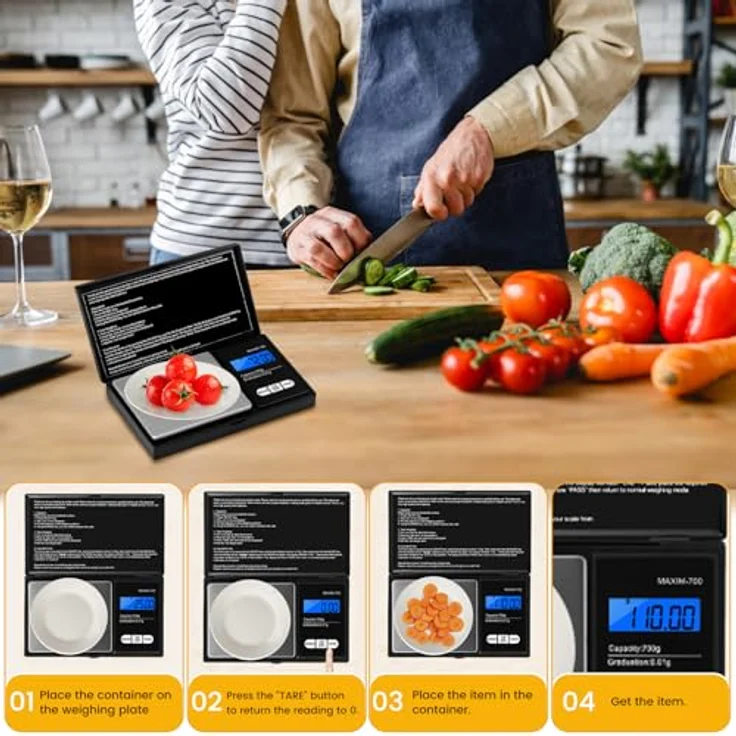 Oderra Feinwaage 700g x 0,01g, Tragbare Schmuckwaage mit LCD-Display und 7 Maßeinheiten, inkl. 2 Batterien, Edelstahl-Plattform – Bild 5