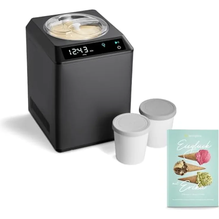 Springlane Kitchen Eismaschine & Joghurtbereiter Erika 2,5 L, selbstkühlender Kompressor 250 W, Edelstahl, Kühl- und Heizfunktion, inkl. Rezeptheft + 2 Aufbewahrungsbehälter