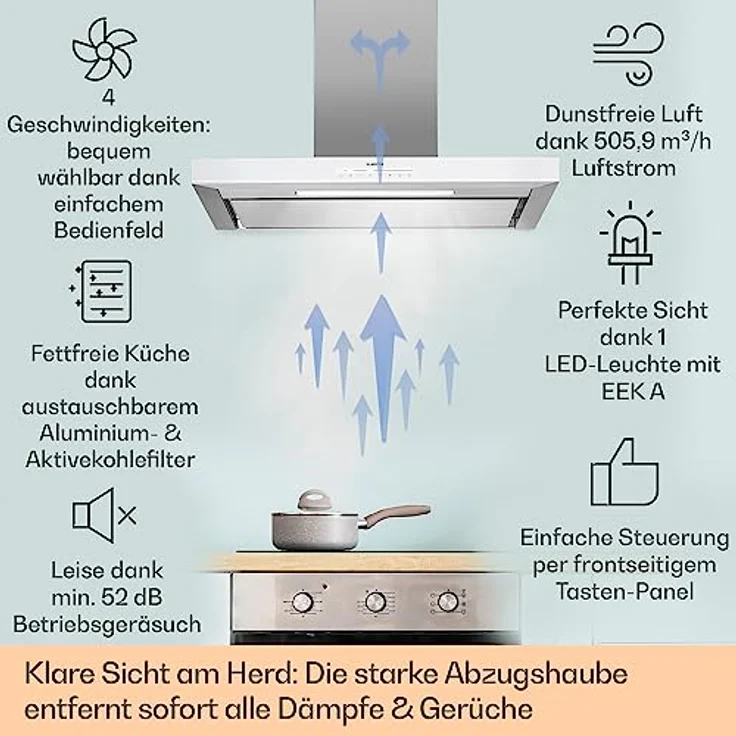 Klarstein Dunstabzugshaube 90cm, Abluft/Umluft Dunstabzugshaube mit Spülmaschinenfestem Filter, Abzugshaube Leise, 577 m³/h Luftstrom, Wandhauben für die Küche mit App Control, Dunstabzug 90 cm – Bild 2