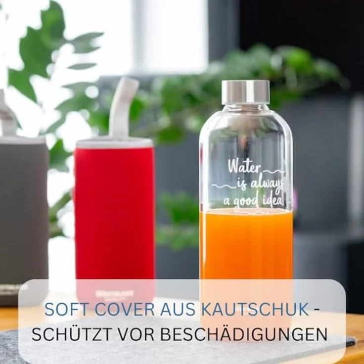 Westmark Trinkflasche, aus Glas mit Aufdruck, inkl. Schutzhülle, 550 ml, Glas-Silikon-Kautschuk, BPA-frei, Viva, Rot-Silber-Klar, 5272226R – Bild 5