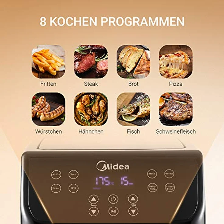 Midea MF-CN55A2 Heißluftfritteuse 5,5 L XXL Friteuse airfryer,Digitalem Display, 8 verschiedene Programmen, freie Temperaturwahl von 30 bis 200℃, 1700W, Schwarz – Bild 4