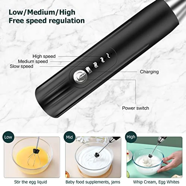 EBUYFIRE Elektrischer Milchaufschäumer, USB wiederaufladbar mit 3 einstellbaren Geschwindigkeiten, Edelstahl für Kaffee und Cappuccino (Silber-Schwarz) – Bild 2