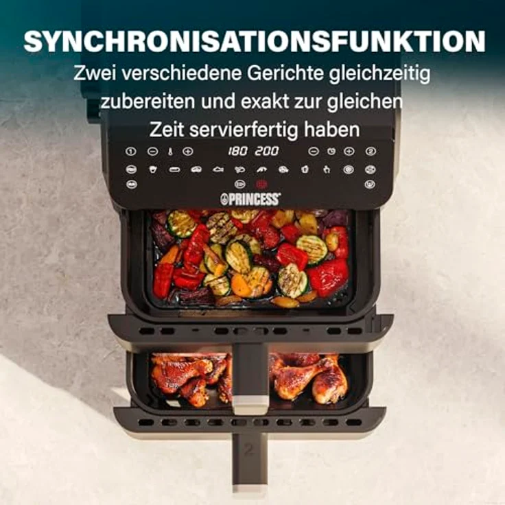 Princess Stack Heißluftfritteuse, Doppelte Fritteuse mit 11,2 L Kapazität, 3000 W, Vertikales Design, Sync-Funktion, PFAS-frei, Digitale Steuerung, Schwarz – Bild 5