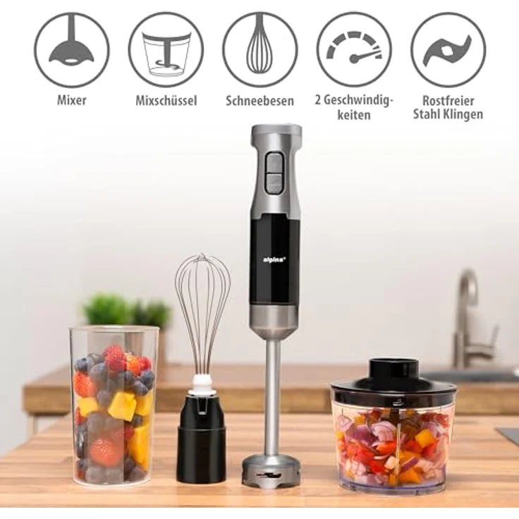 Alpina Stabmixer mit Zerkleinerer, 1000,00 W, Inklusive Messbecher und Schneebesen, Schwarz/Silber – Bild 2