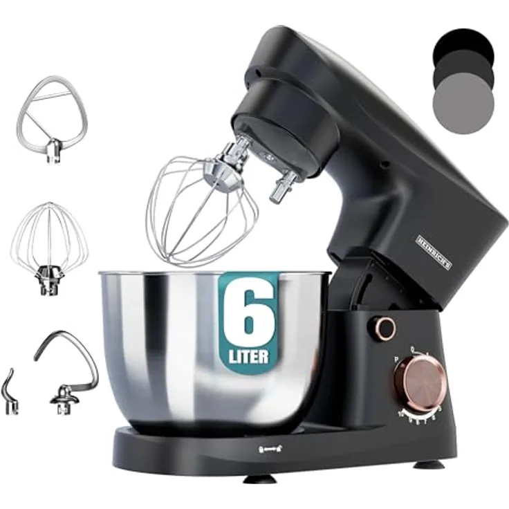 Heinrich´s HKM 8077 Küchenmaschine, Knetmaschine mit 1500W, 6L Edelstahlschüssel, 10 Geschwindigkeitsstufen, geräuscharm, titan