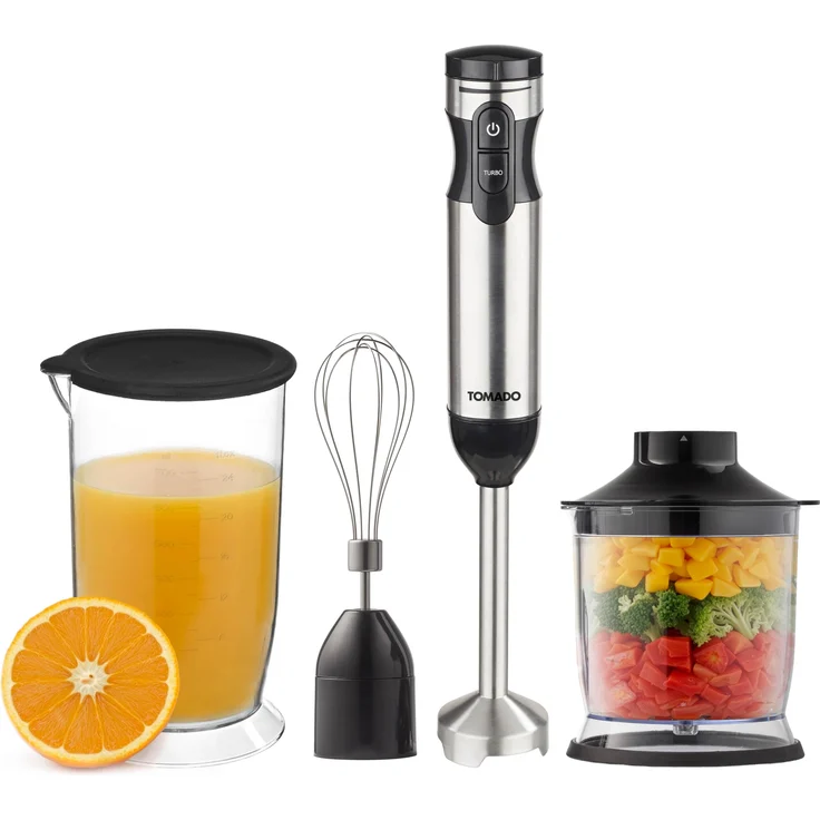 Tomado TSB9001B Stabmixer-Set 4-in-1 mit Zerkleinerer, Edelstahl & Schwarz, 1000 Watt