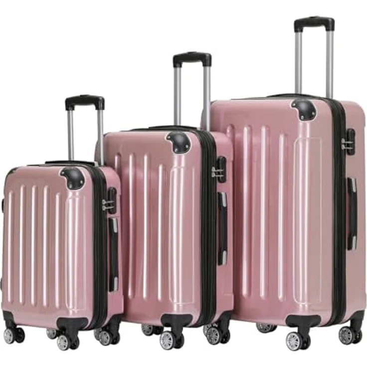 BEIBYE 3er Kofferset Hartschalen-Koffer mit Dehnungsfuge, 4 Doppelrollen, Rosa Gold, Größen XL, L, M – Bild 1