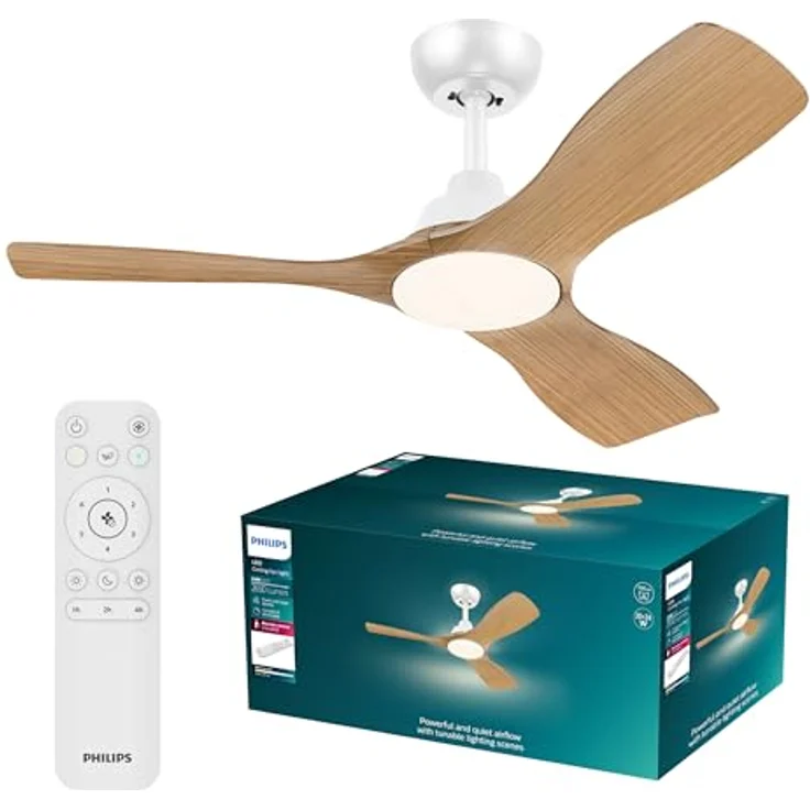 Philips Olas Deckenventilator mit LED-Leuchte, 106 cm, 2650 Lumen, dimmbar, 3 Flügel, einstellbares Licht 3000 K - 6500 K, weiß/Holz, inklusive Fernbedienung – Bild 1