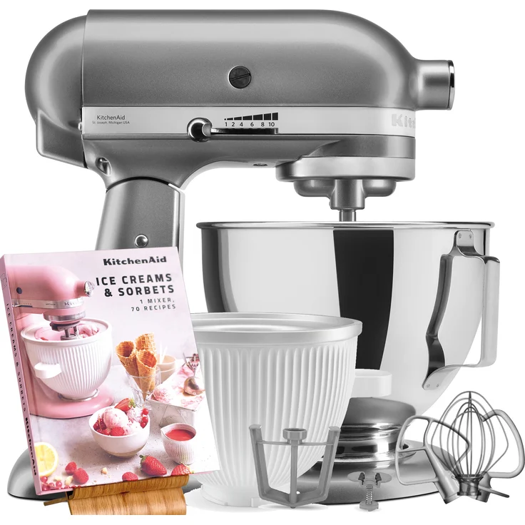 KitchenAid 5KSM95PSECU Eiscreme-Set, Küchenmaschine mit 4,3 l Edelstahl-Schüssel und Eisschüssel, Silber, inkl. Rezeptbuch mit 70 Rezepten