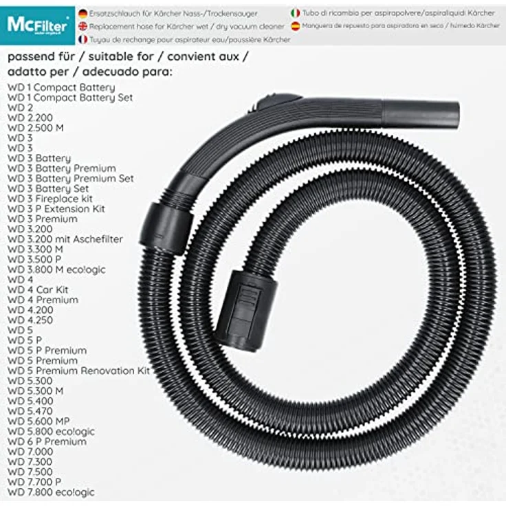 McFilter Saugschlauch für Kärcher Staubsauger, 2m Schwarz, inkl. Handgriff für Nass/Trockensauger - Preisvergleich – Bild 2