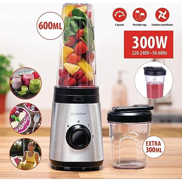 alpina Smoothie Maker Mixer 300W, Standmixer mit 2 Geschwindigkeiten, Pulsfunktion und 300ml/600ml Bechern, Edelstahl, Silber/Schwarz – Bild 5