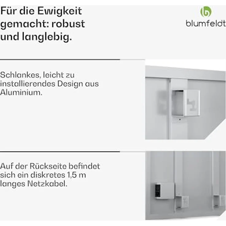 Blumfeldt Infrarotheizung 600W – Wandmontage, IP44 Spritzwassergeschützt, 95% Energieeffizienz, Überhitzungsschutz, Aluminiumkonstruktion, Erweiterungsmodul für Badezimmer & größere Räume – Bild 5