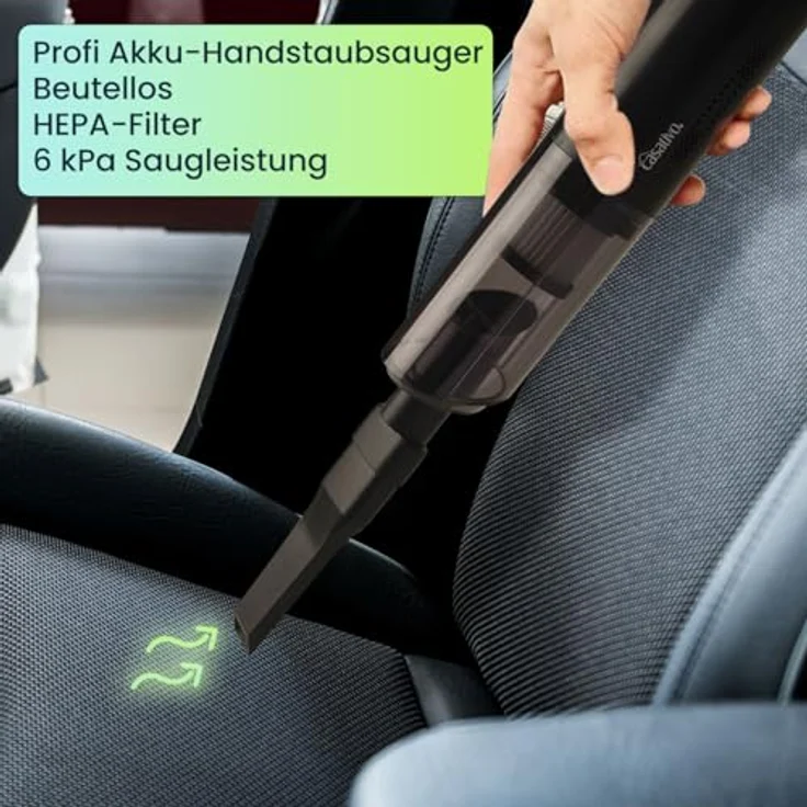 Casativo Akku-Handstaubsauger Profi, 6000 Pa Saugkraft, 120 W, HEPA-Filter, beutellos, 20 min Laufzeit, 2 Aufsätze, USB-Ladekabel – Bild 2
