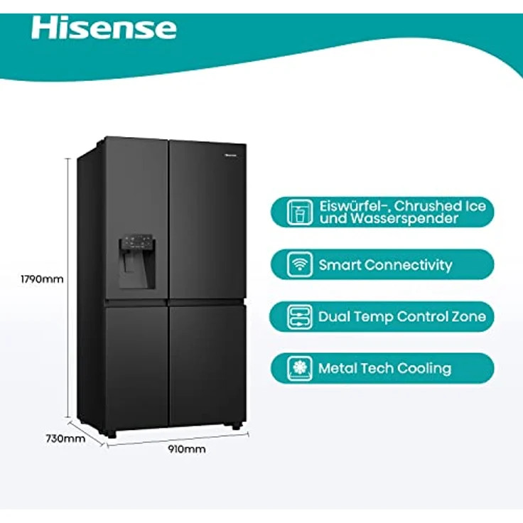 Hisense RS818N4TFE Side-by-Side Kühl-Gefrierkombination /179 cm/Inverter Kompressor/Total NoFrost/Multi Air Flow/Wasserspender mit Wassertank/Kühlteil 417 l/Gefrierteil 215 l/schwarz – Bild 2